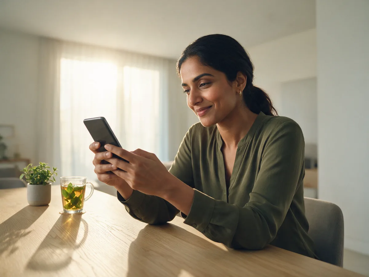A woman at her kitchen table using the Gulf Exchange app on her phone