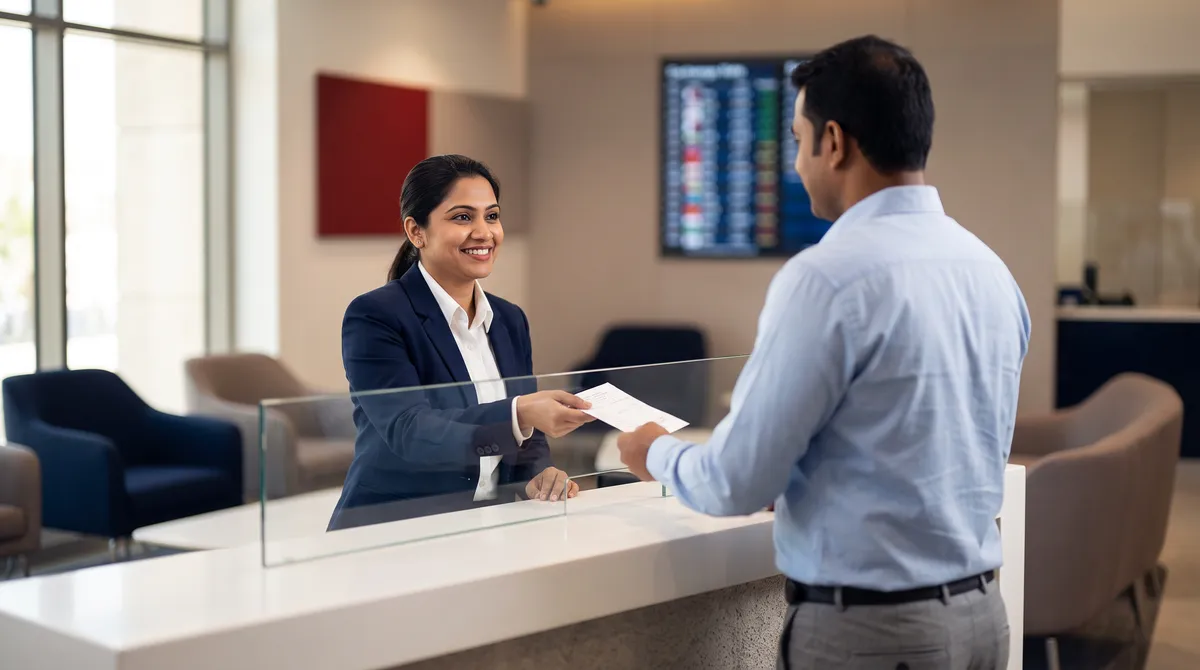 A Gulf Exchange team member at a branch counter handing a printed slip to a customer.
