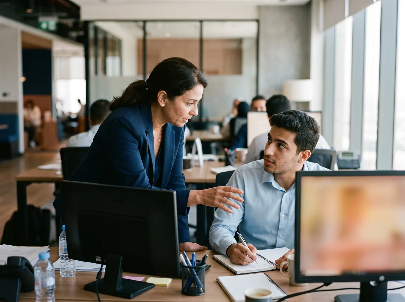 A Gulf Exchange colleague explaining work on screen to a newer team member at a desk.