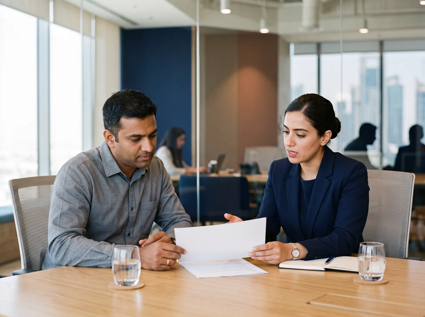 A Gulf Exchange relationship manager going through a document with a business client.