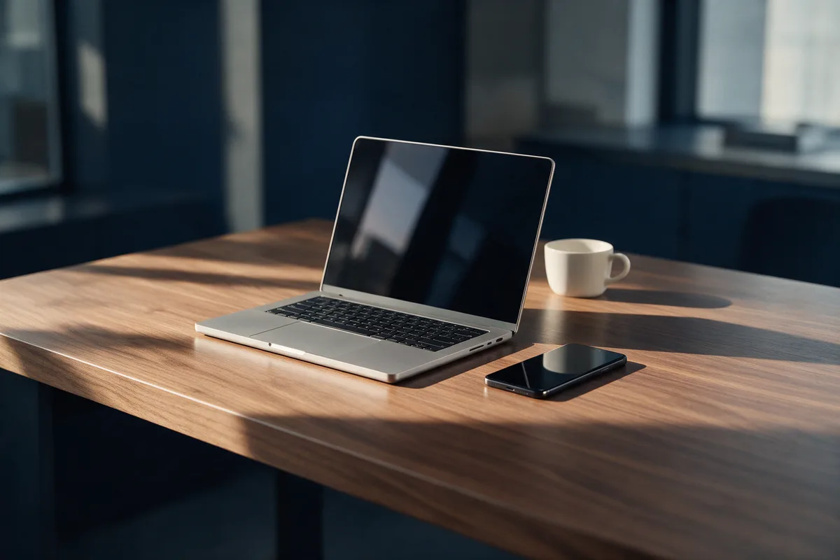 A laptop and phone on a desk, representing the Gulf Exchange web app